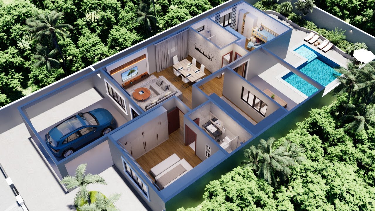 Planta de Casa em 3D com dois  Quartos e Garagem🏠