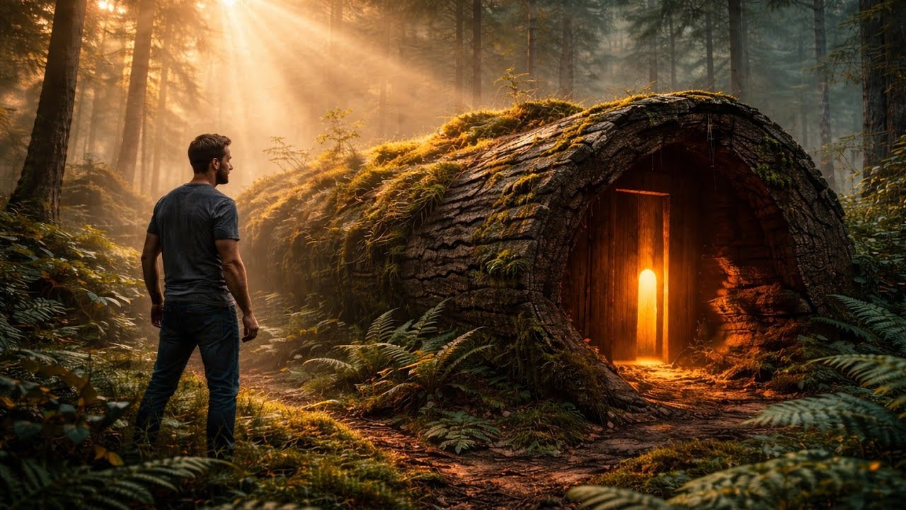 Building a secret modern shelter inside a giant tree log in the forest. Full silent cinematic ASMR