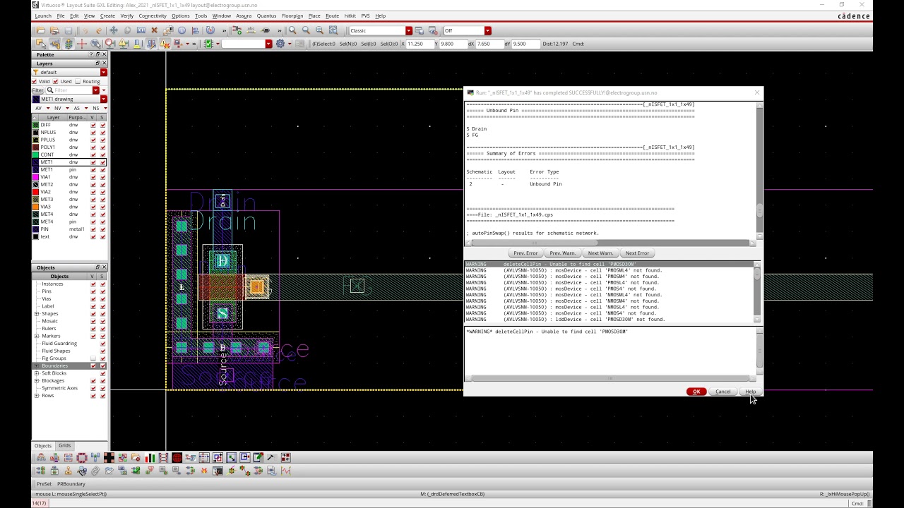 Cadence.  Layout.  Assura LVS.  Error Unbound pin.