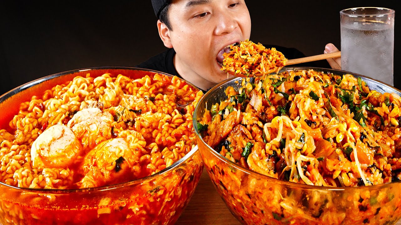 든든한 한끼! 삼겹살비빔밥과 계란틈새라면 먹방~!! 리얼사운드 Samgyeopsal bibimbap, egg ramen