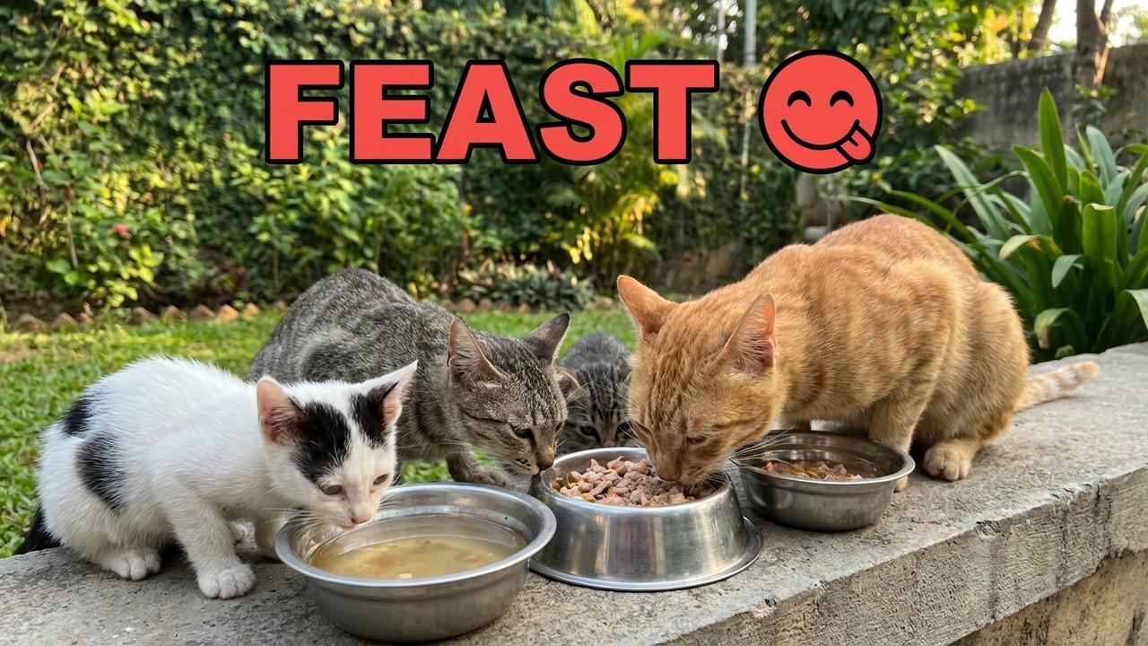 Cute Kittens Eating With Their Mother in the Garden 🐾🌿