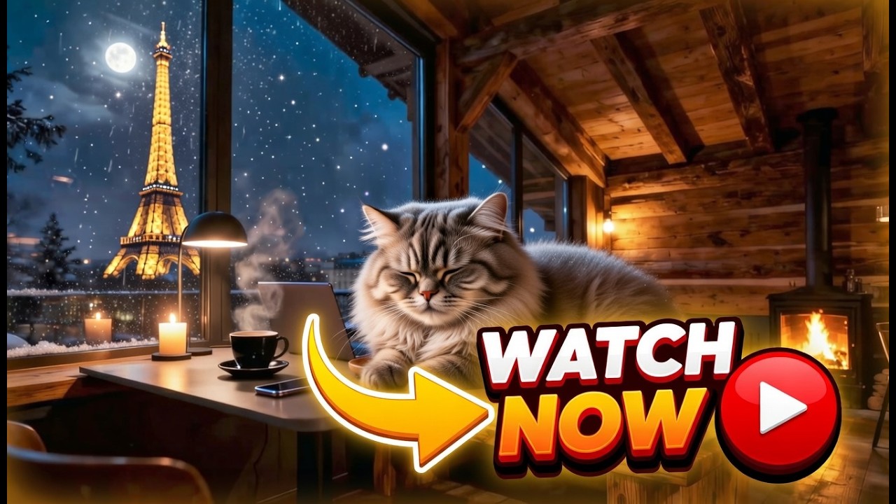 Calm Evening Café with Cat and Fireplace Jazz Sounds