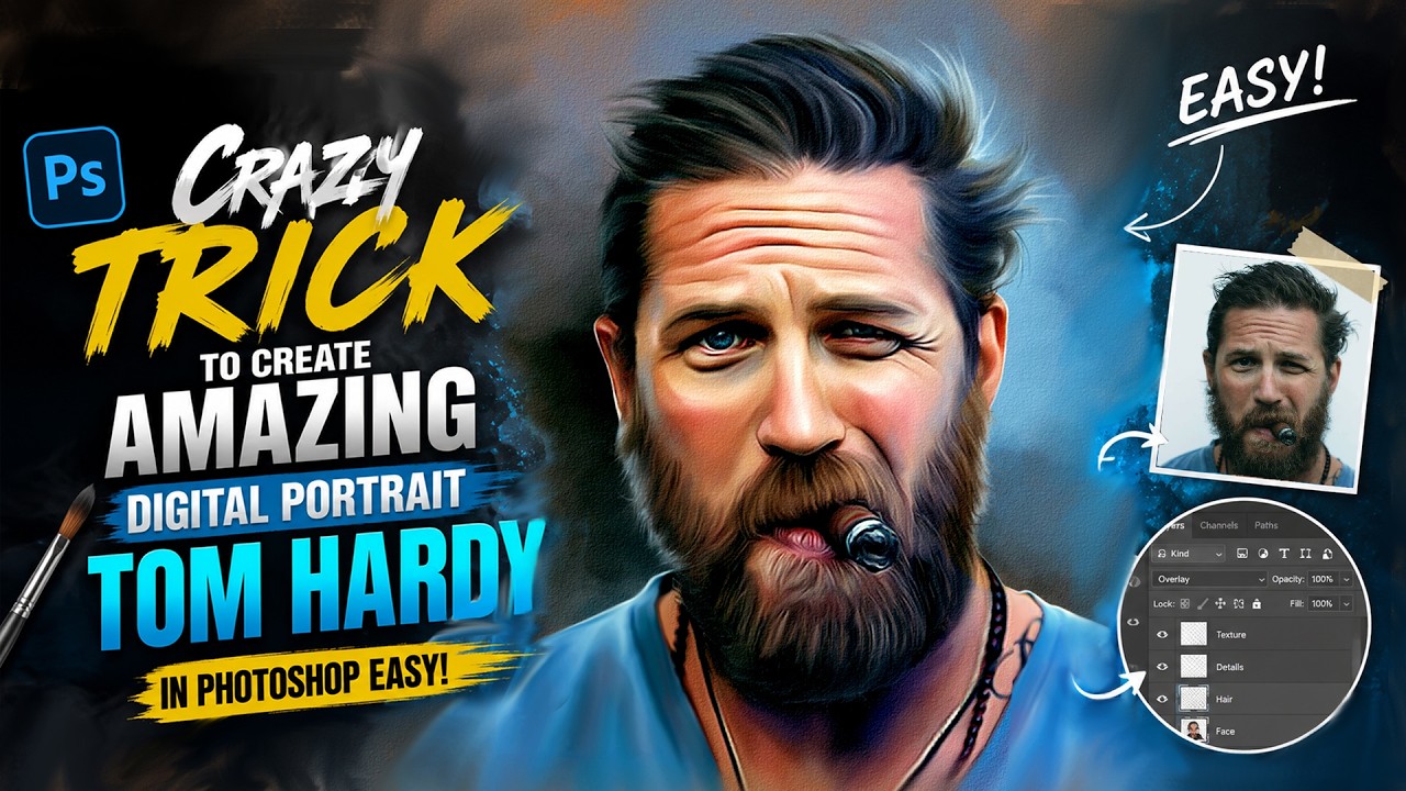 Crazy TRICK to create AMAZING Digital Portrait Tom Hardy in Photoshop EASY!