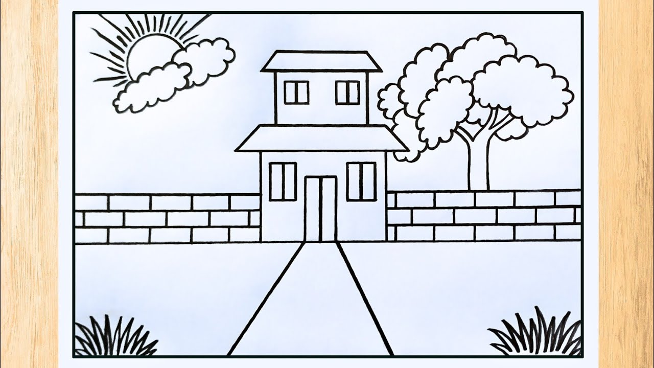 House Scenery Drawing, Ghar ka chitra, Prakritik drishya, very easy drawing video tutorial