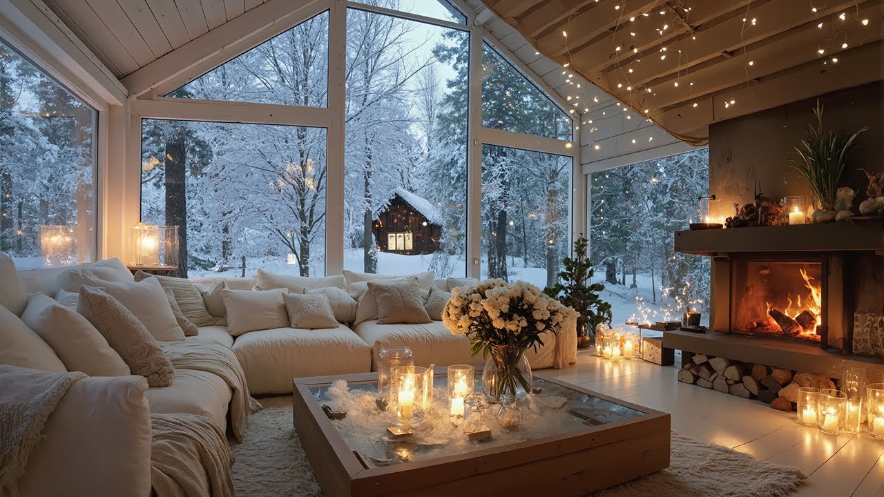 🎼 Piano in the Snow | White Lounge with Flowers & Snowy Window | 5 Hours Calm Focus Stress Relief