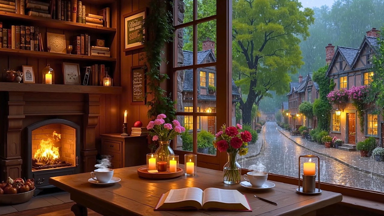 Уютная кофейня в дождливую погоду ☕🌧️ Нежная джазовая фортепианная музыка и потрескивающий камин