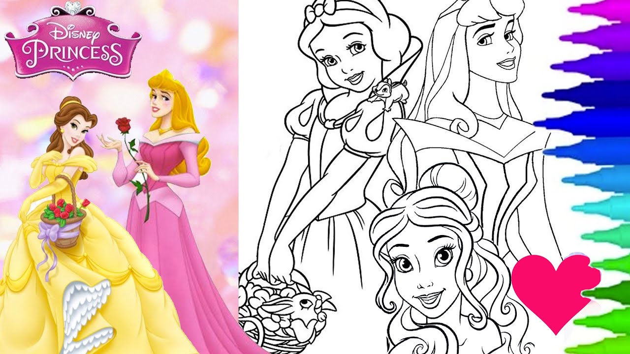 Disney Princess Coloring Book BELLE SNOW WHITE AURORA - Princesses Coloring Page Compilation