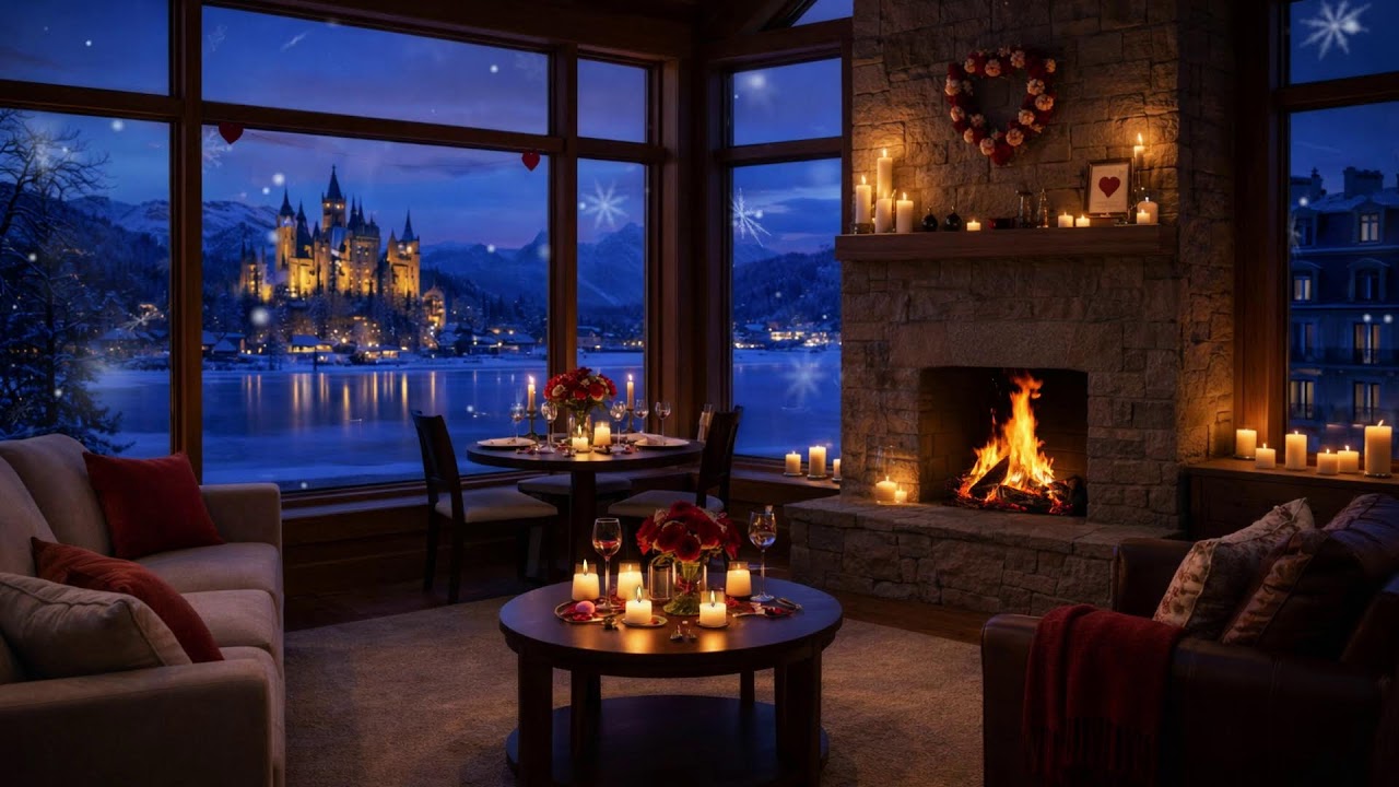 💖 Cozy Castle View Cabin (NO MID-ROLL ADS) – Warm Fireplace Jazz Night