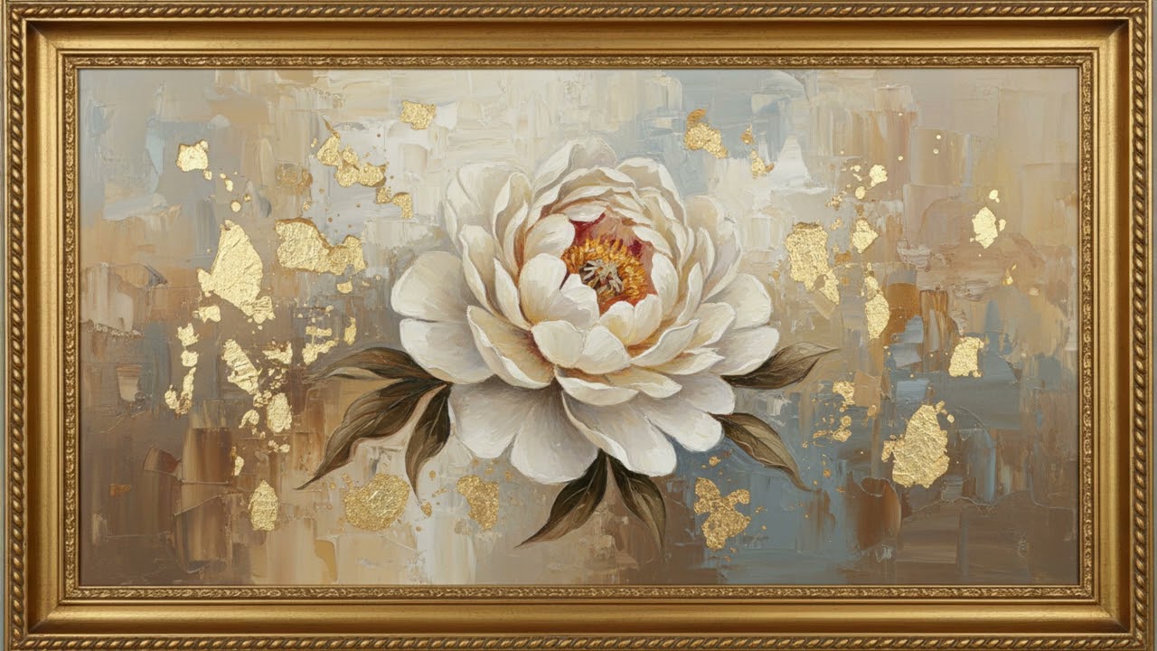 4K TV Art: Elegant White Peony Luxury Oil Painting | Classical Gold Frame Virtual Window