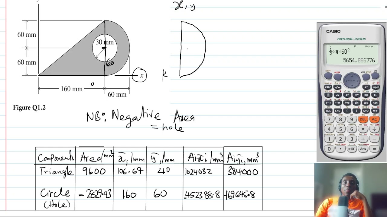 Centroid of a composite figure including triangles, circles and semi-circle. Easy Method.