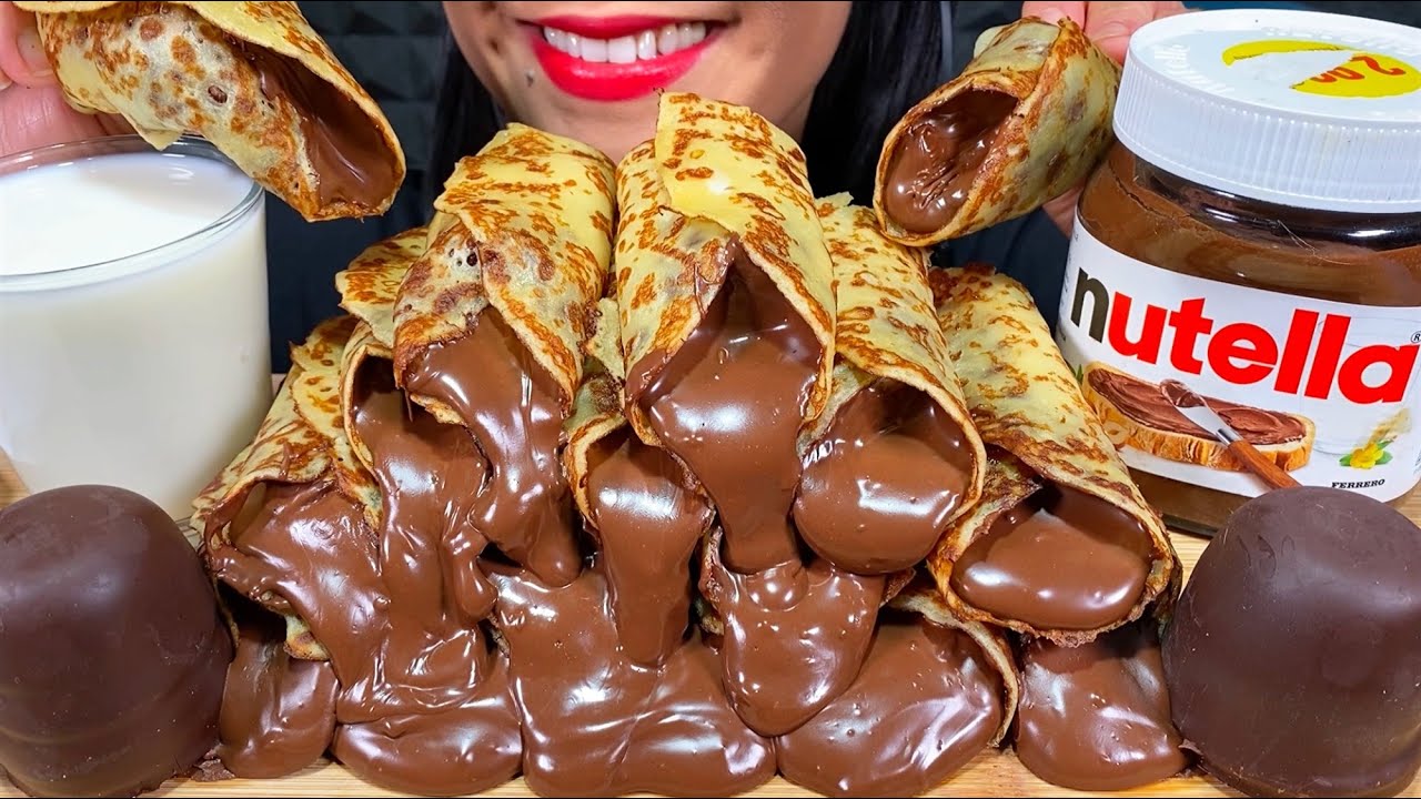 ASMR NUTELLA CHOCOLATE CREPE ROLLS, CHOCOLATE MARSHMALLOW, MILK, MUKBANG MASSIVE Eating Sounds