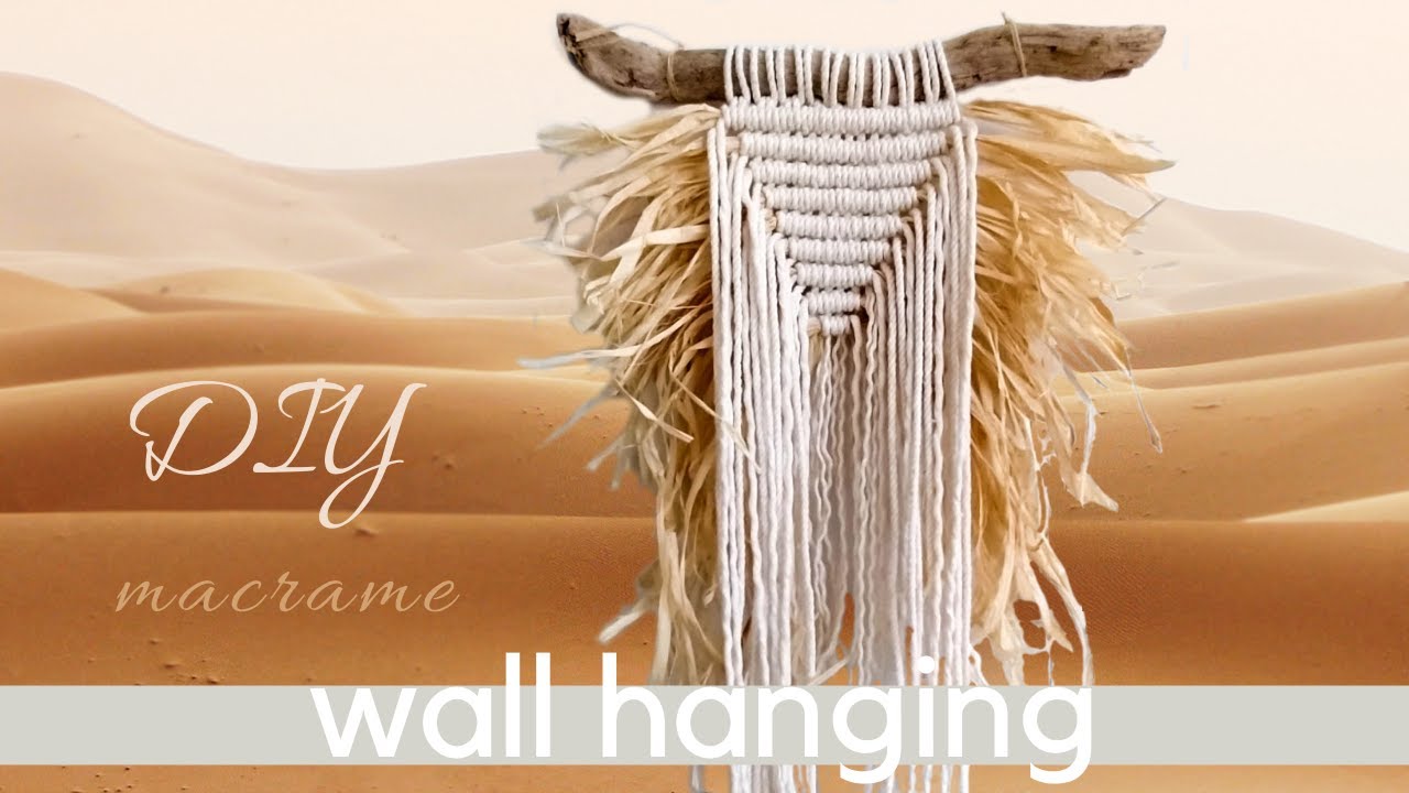 DIY macrame wall hanging tutorial, easy triangle geometric pattern with raffia, boho home decor