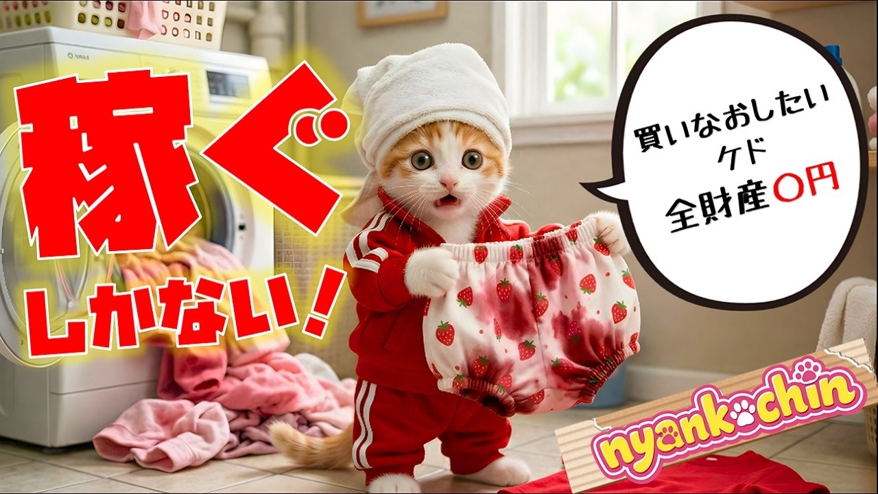 【悲報】お気に入りが真っ赤に…洗濯失敗で絶望した子猫。全財産0円からのバイト決意　AI猫にゃんこちん