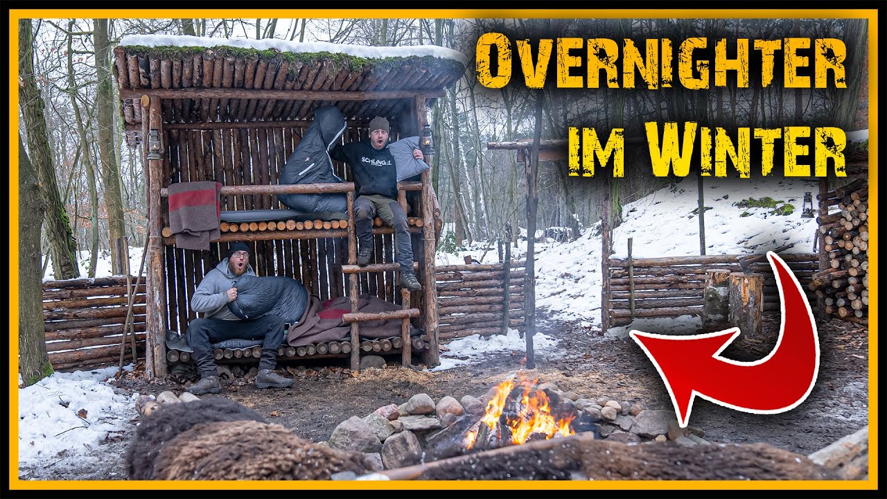 48h Winterbiwak im Waldcamp - &Uuml;bernachten im Winterwald - Overnighter Bushcraft Survival