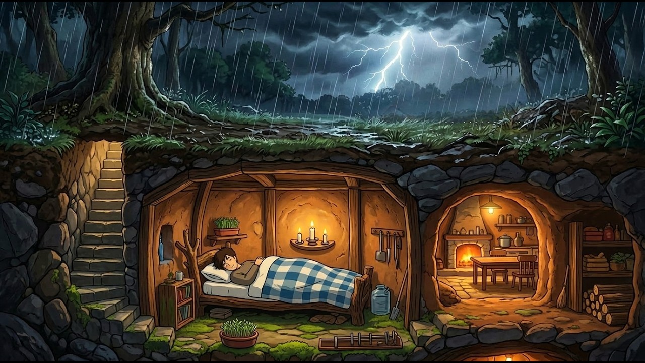 Man Builds a Cozy Underground Shelter in the Woods 🍠 Smoky Ribs & Sweet Potatoes | Ghibli-Style ASMR