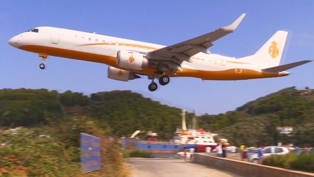 Embraer Lineage 1000 (ERJ-190) HARD LANDING & Takeoff Jetblast @ Skiathos - Plane Spotting