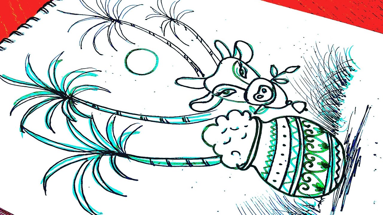 Pongal Drawing | How to Draw Pongal Cow Easy Step by Step | Sankranti Special Village Art