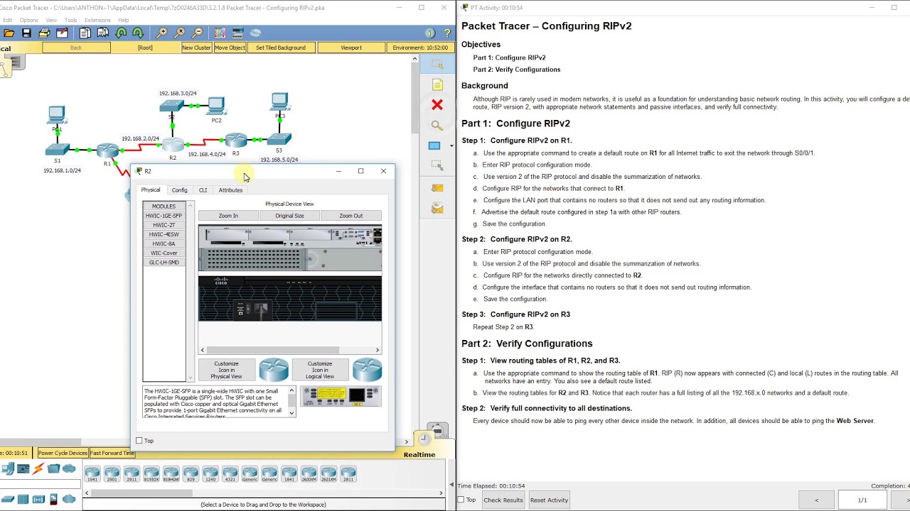 PKT 3.2.1.8 - Configuring RIPv2