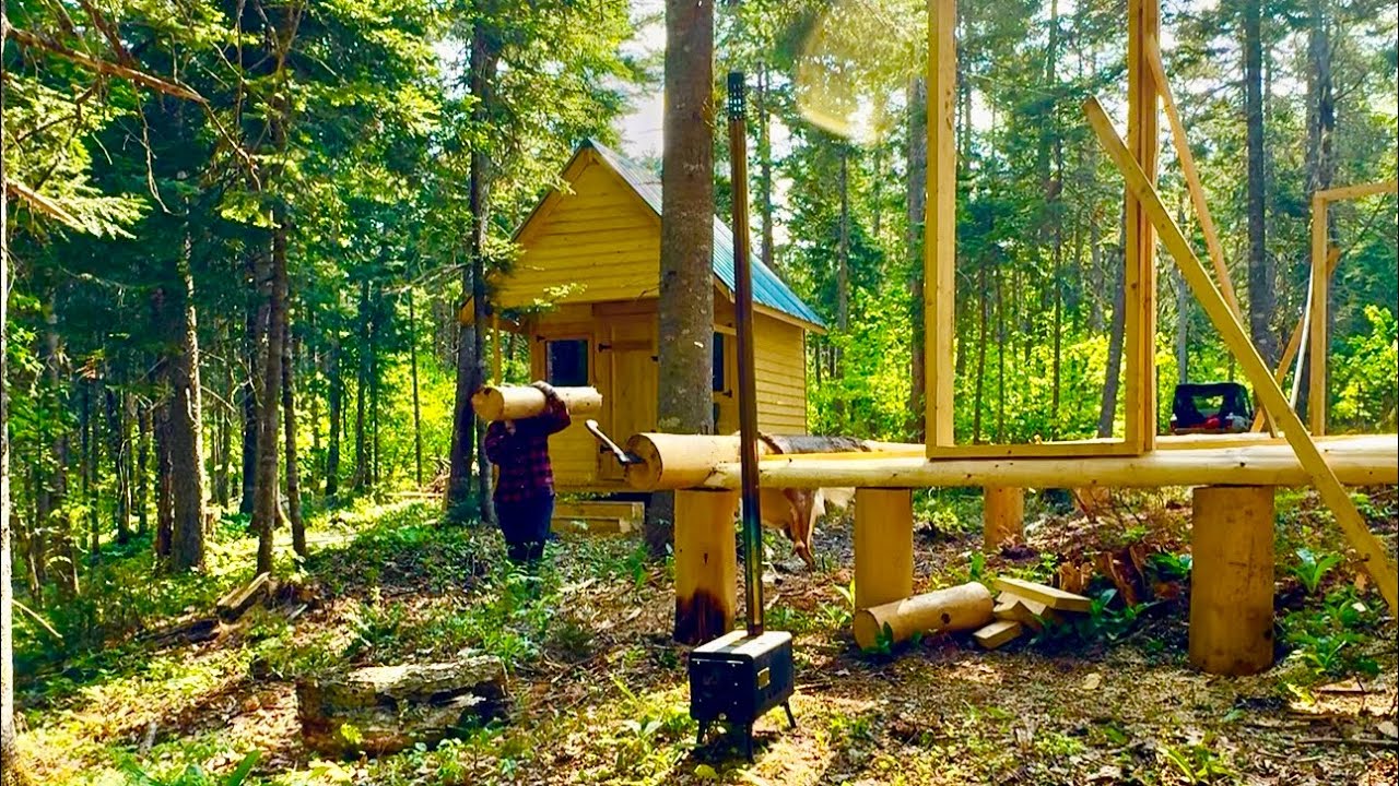 Alone 3 months Building an Log cabin,[EP22]Survival in the Wilderness,50 feet log peeling,New trail