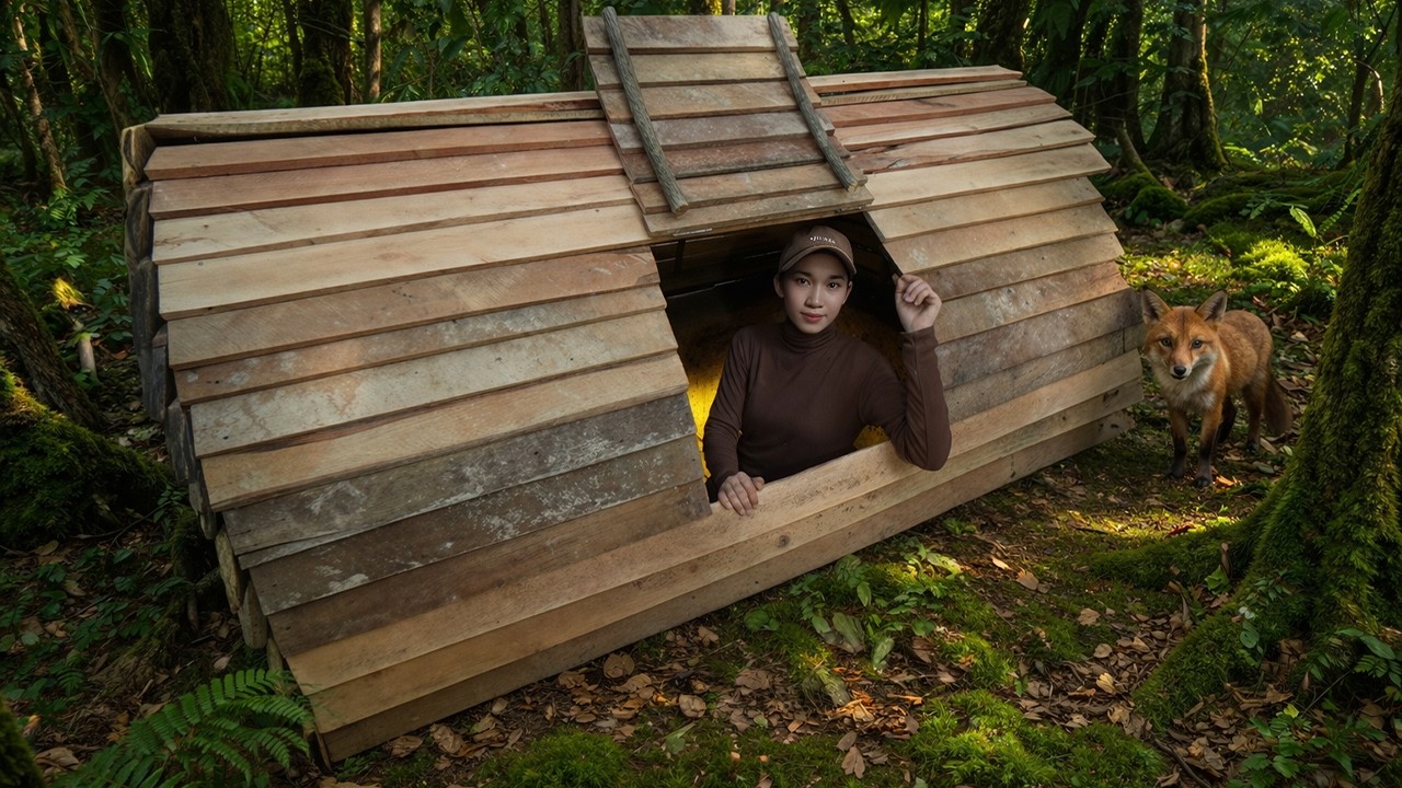 Amazing Girl Build Survival Bushcaft Shelter in Forest And Safe From Wild Fox