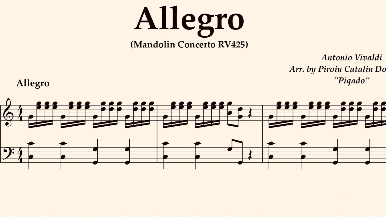 A. Vivaldi Allegro 1st RV425 Mandolin Concerto arr. by Piqado  Solo Piano Sheet Music Easy to Read