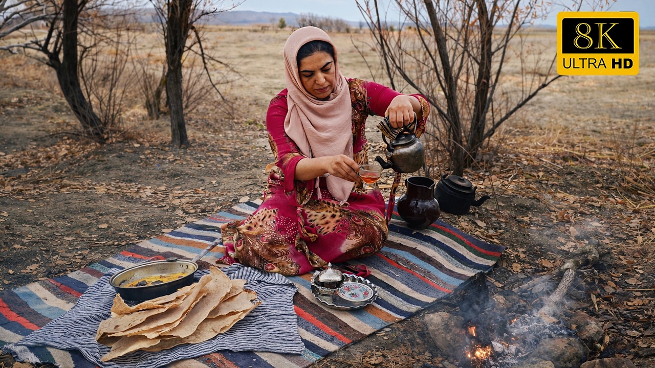 Autumn Stream Breakfast 🍁💧 ASMR Iranian Woman Making Eggs, Dates & Fire Tea in Nature