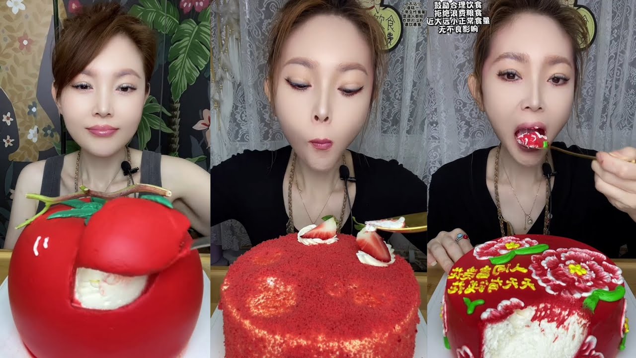 ASMR MUKBANG Strawberry Mirror Glaze Cake & Apple Shape Cake Eating Show