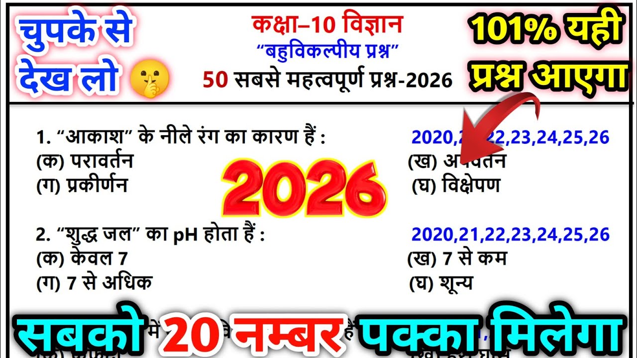 Class 10 विज्ञान के सभी महत्वपूर्ण बहुविकल्पीय प्रश्न 2026,science mcq questions class 10,vigyan mcq