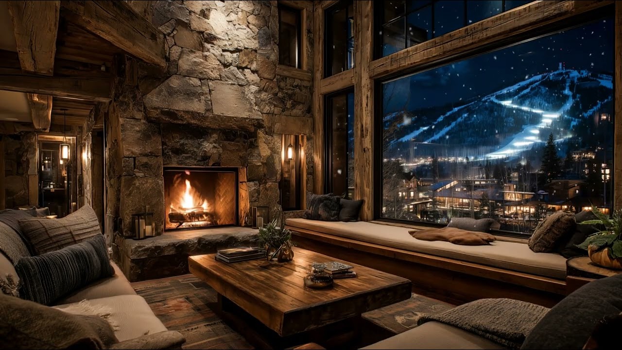Ski Resort Cabin Relaxing Fireplace ❄️ Mountain Snowfall Crackling Fireplace Ambience | 1 Hour (4K)