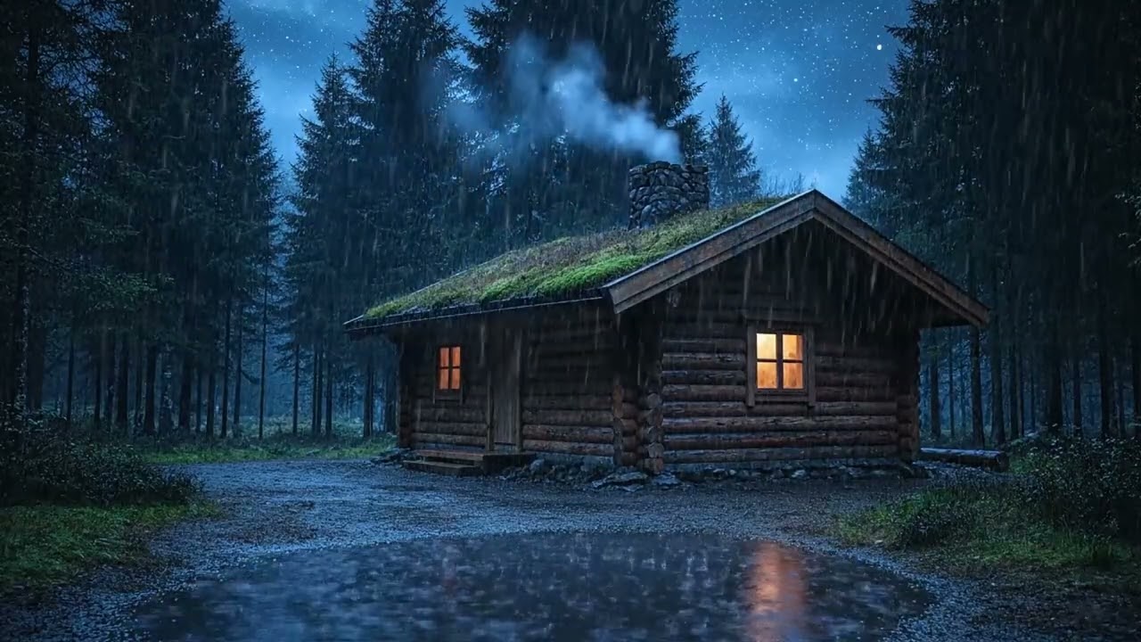 Cabin in the Rain | Fireplace Warmth and Forest Rain Sounds for Relaxation