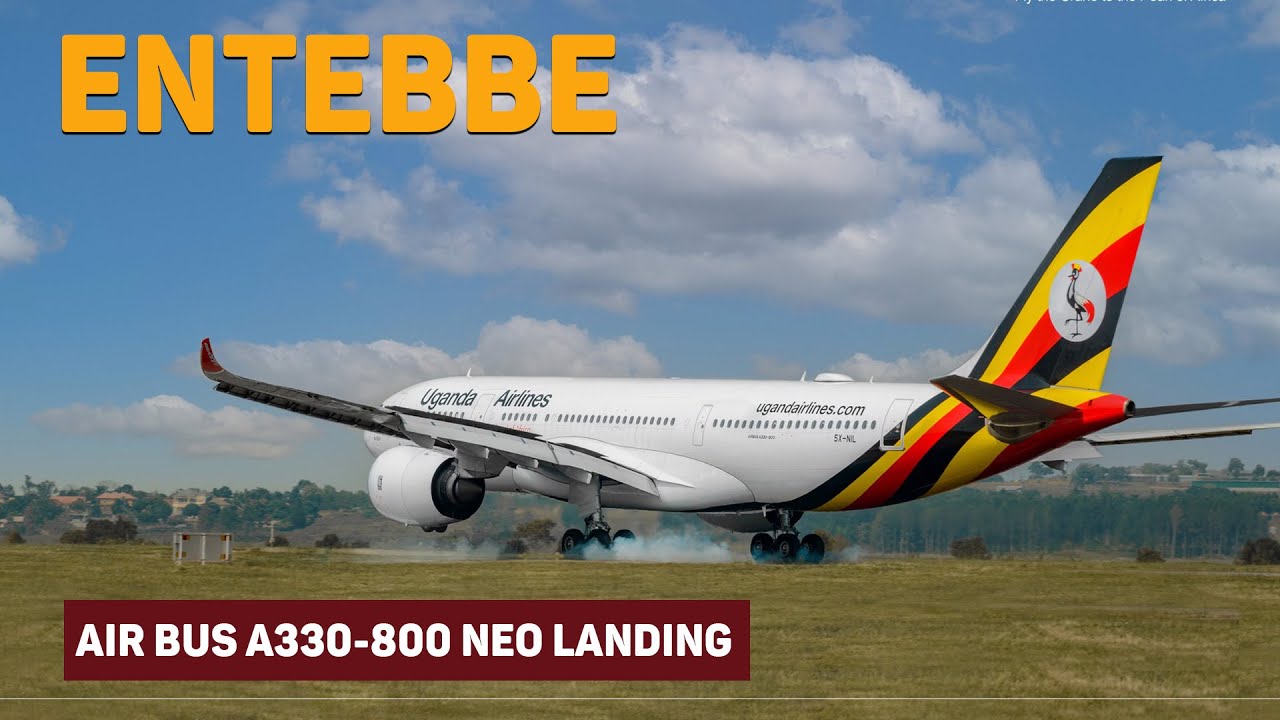 Uganda Airline Bird landing at Entebbe Airport