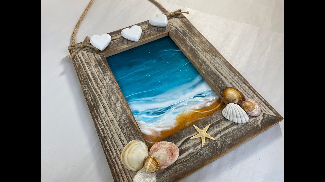 163 - Resin Art - Step by Step Tutorial - Ocean, Hearts & Shells on Glass- Picture Frame - Upcycling