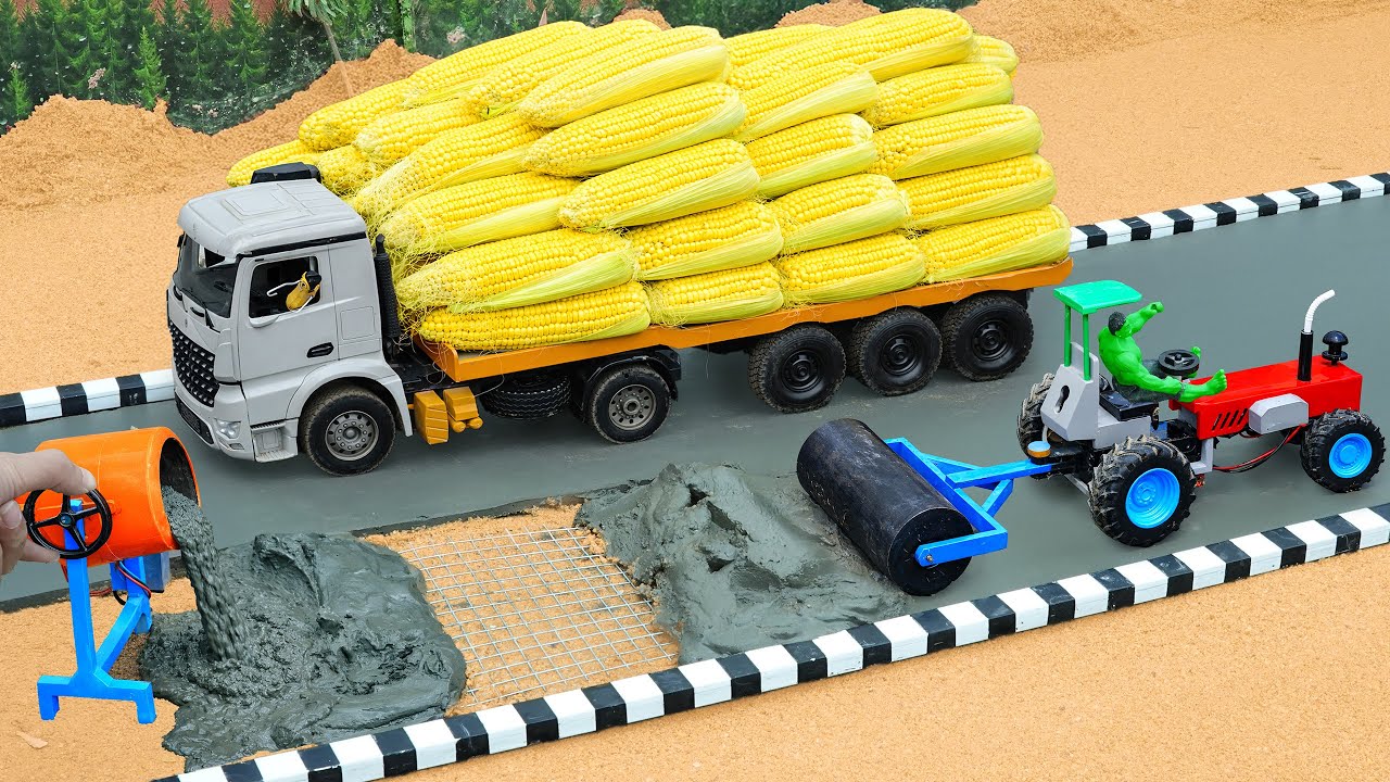 DIY Mini Tractor & Road Roller Making a Concrete Road | Construction Science Project