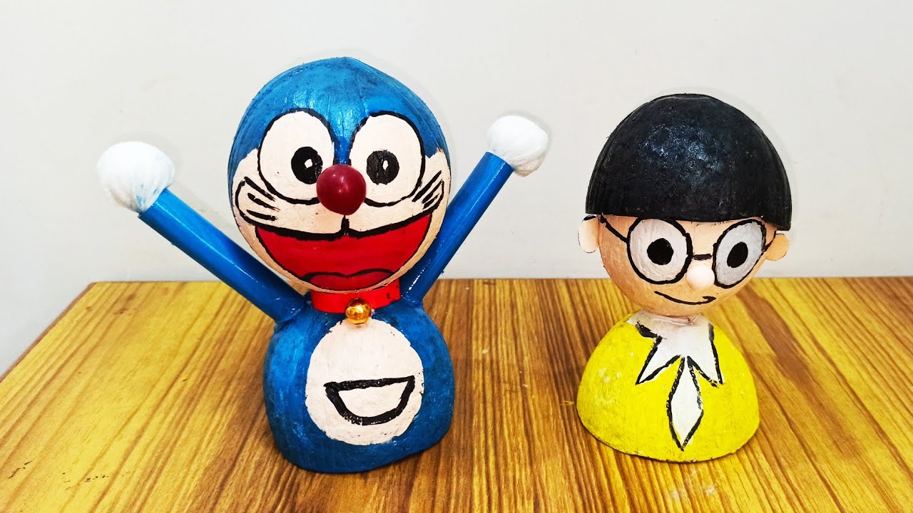 Coconut shell craft ideas | Doraemon and  Nobita | Doll craft | wealth from waste