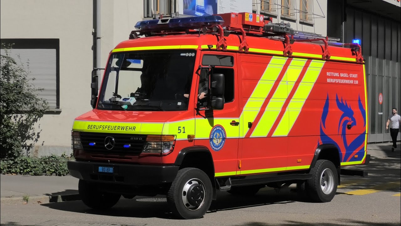 Feuerwehr, Rettungswagen und Notarzt auf Einsatzfahrt in Basel-Stadt!