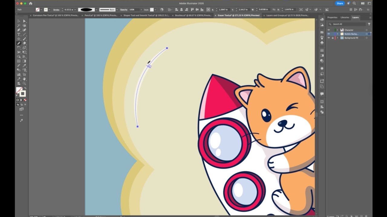 How to use the Curvature Pen, Pencil, Brush, Eraser tools, and use Layers and Groups in Illustrator
