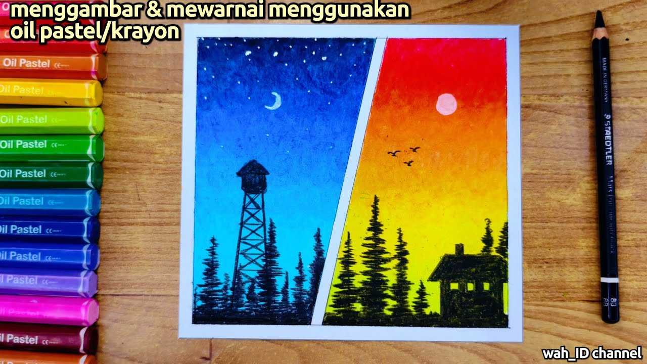 Gambar siluet malam & sore | gambar OIL PASTEL/KRAYON | tutorial gambar krayon/oil pastel
