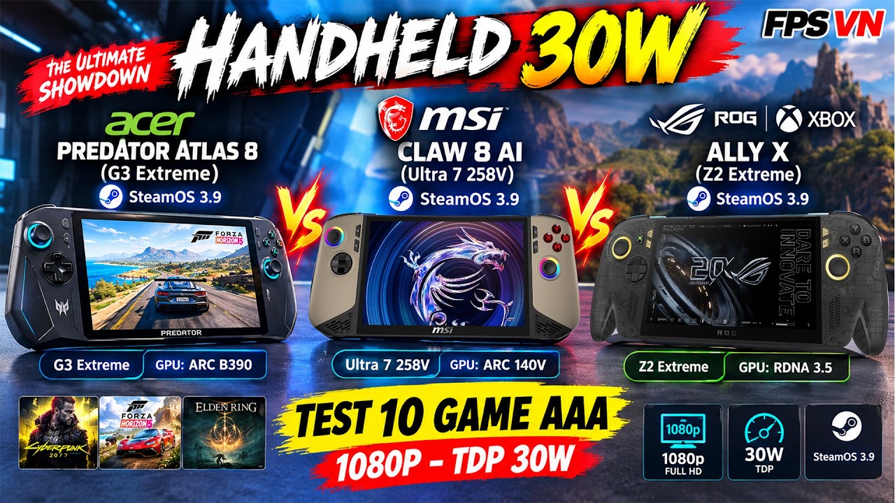 Acer PREDATOR ATLAS 8 & MSI Claw 8 Ai & Asus Rog Xbox Ally X Steam OS 3.9 Test Game 1080p TDP 30W