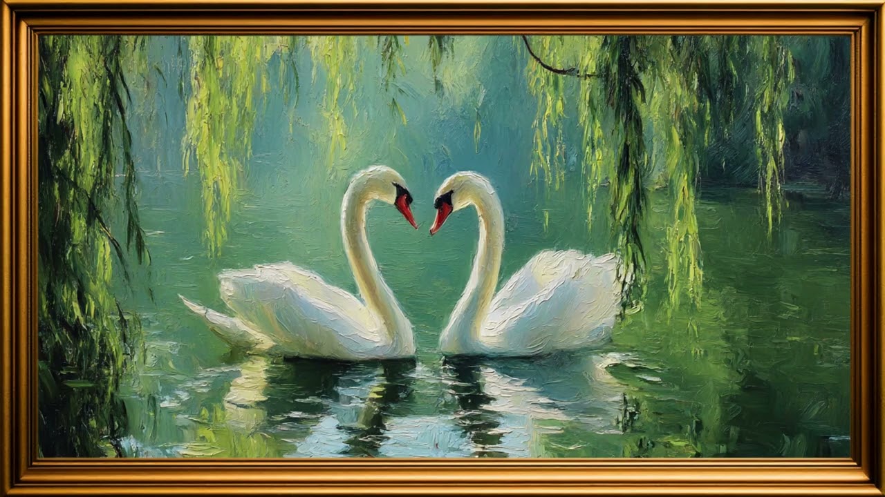 Swan Couple on Lake | Luxury Gold Frame TV Decor | screensaver 