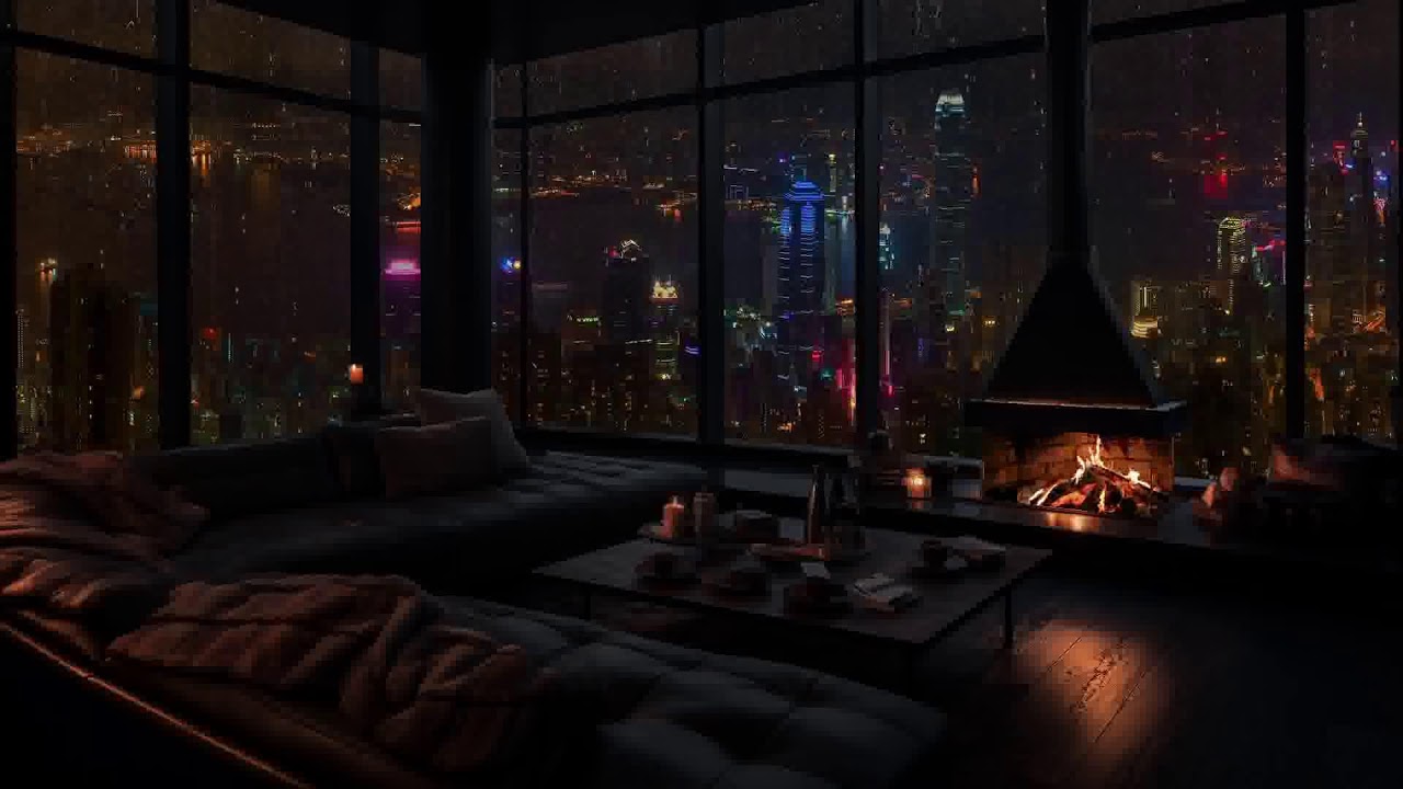 🔥🌧️ Rainy City Night – Warm Fireplace and Rain Sounds for Stress Relief
