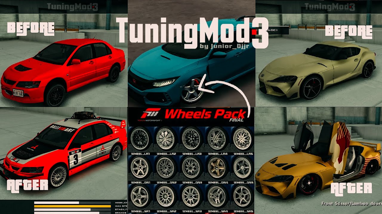 GTA San Andreas : Tuning Mod v3.0.1 + Tuneable Car With ( Rims / Wheels Pack ) - PC - Update 2021 HD