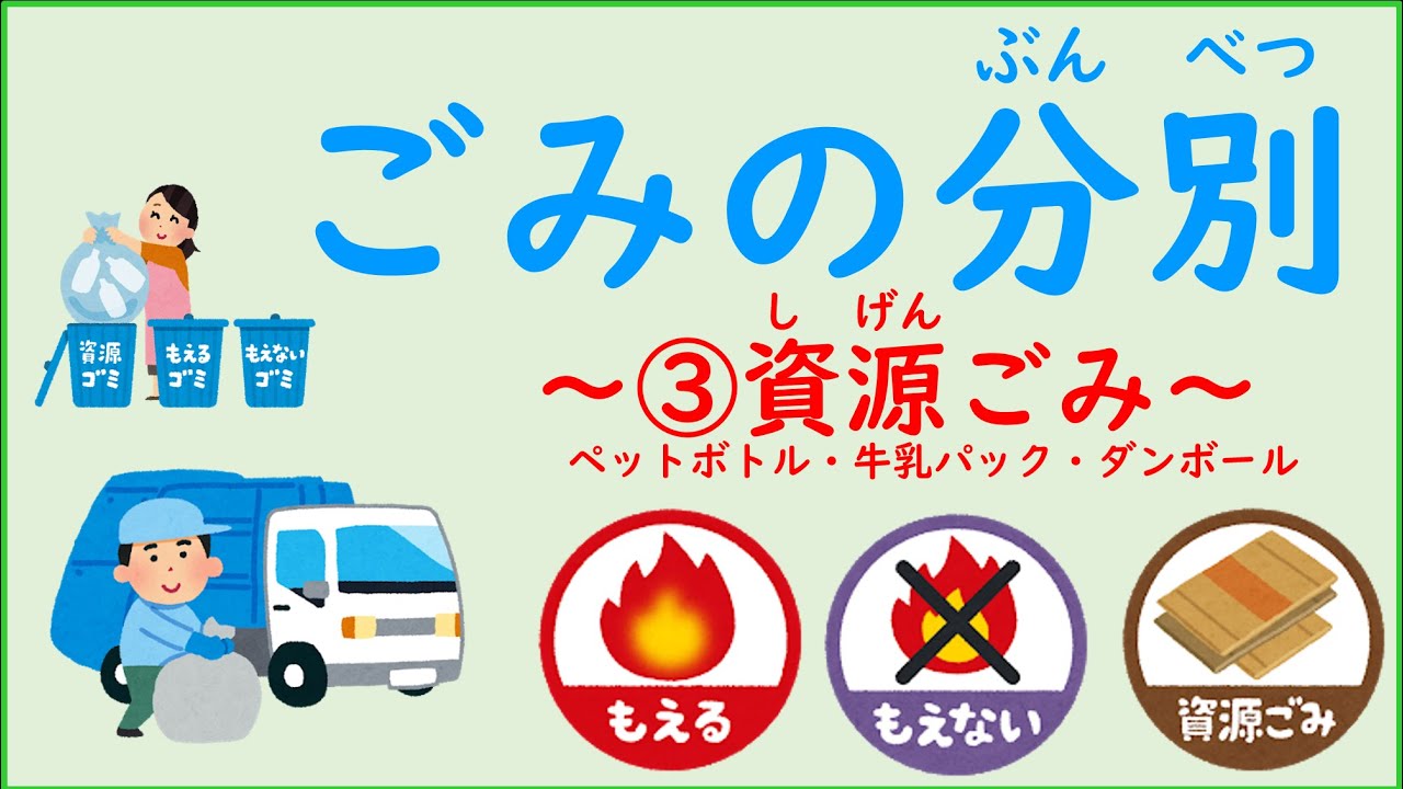 Japanese Life Style　日本の生活　学習動画　ごみの分別（ぶんべつ）　③資源（しげん）ごみ　ペットボトル・牛乳（ぎゅうにゅう）パック・ダンボール