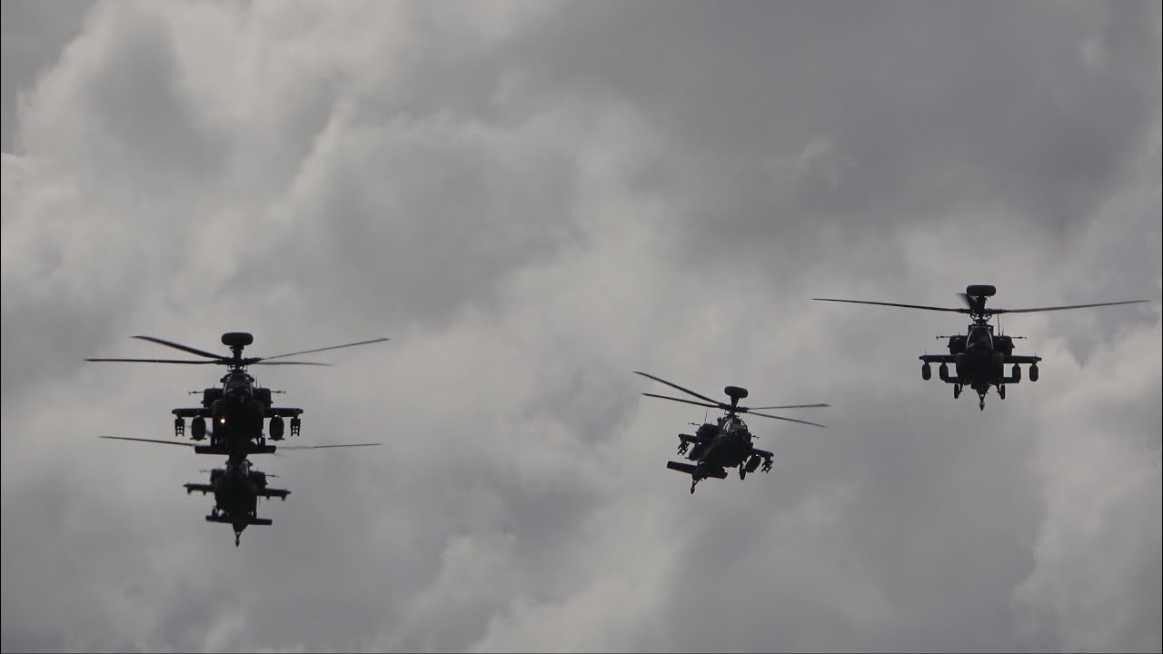 British Army air corps Apache Mk1 helicopter farewell flypast over Middle Wallop base 25/3/24