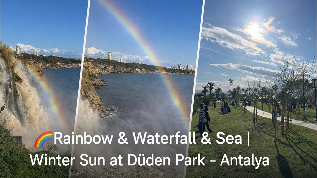 🌈 Winter Sun at Düden Park – Antalya | Rain-Fueled Waterfalls & A Rainbow by the Sea