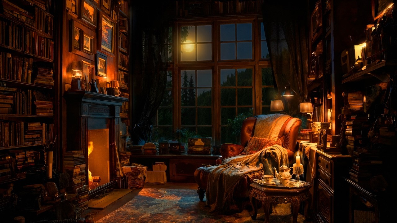 Your Deep Sleep by the Fire | Cozy Moonlit Home Library Among the Pines | 8 Hours of Perfect Peace
