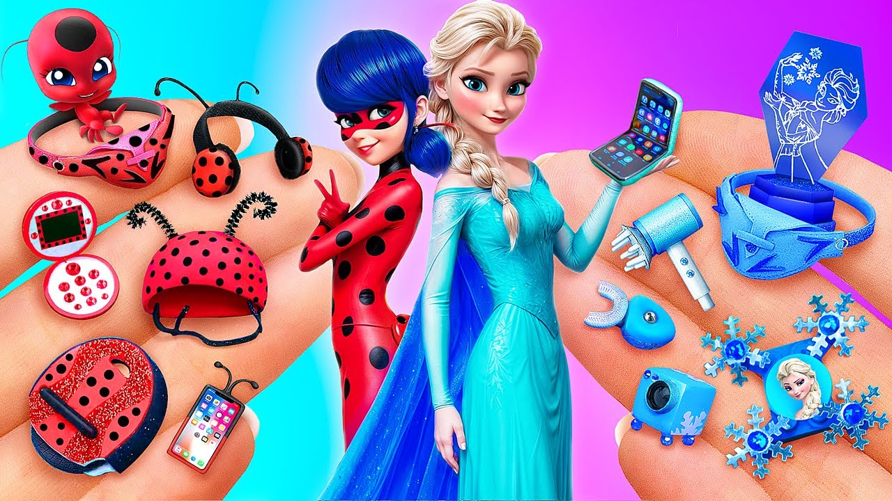 Elsa vs Ladybug! Miniature Gadgets and Mini Brands for Dolls!