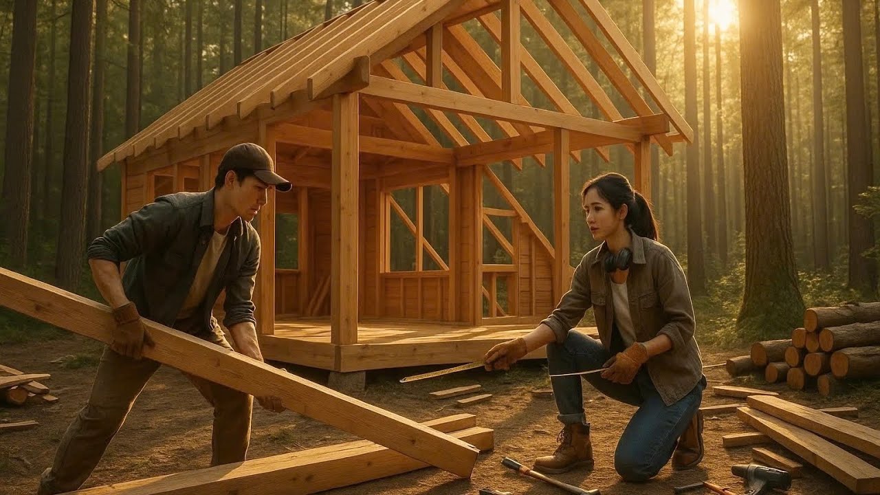 Building wooden House : Man and Girl in a Log House - Building a Log House from Start to Finish