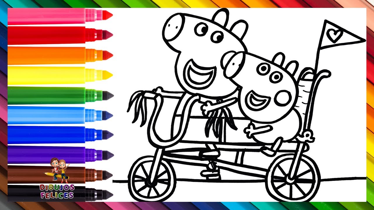 Dibuja y Colorea A Peppa Pig Y George Pig Montando En Bicicleta 🚲🐷🐷🌈 Dibujos Para Niños