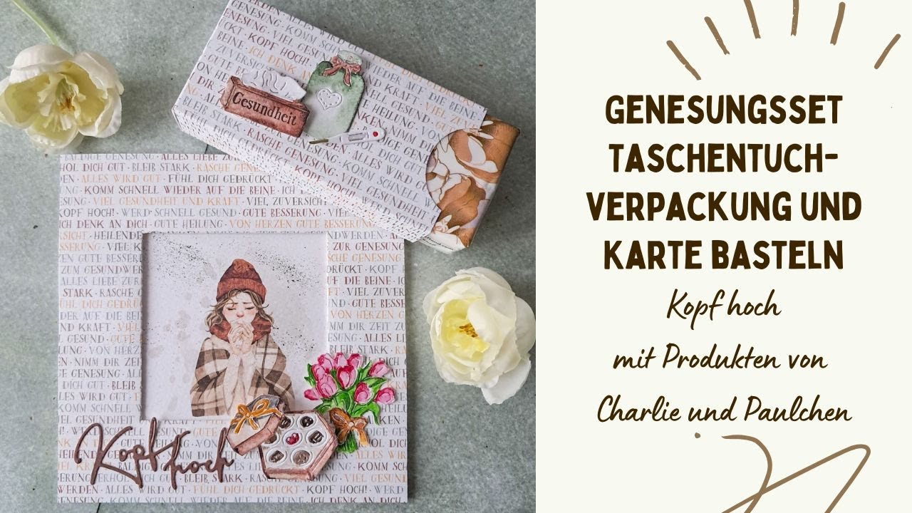 Genesungsset Taschentuchverpackung und Karte mit Produkten Kopf hoch von Charlie und Paulchen