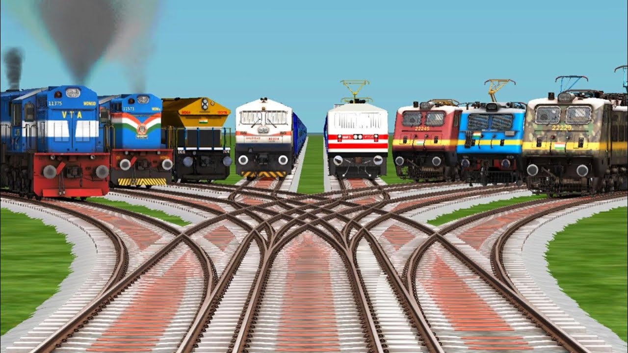 8 Indian Trains Crossing By Bumpy Branched Railroad Tracks || Indian railways || train simulators 